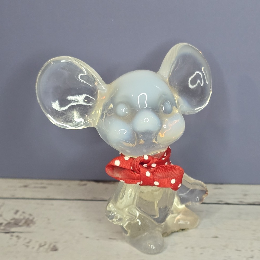 Vintage‎ Fenton Mouse Clear Opalescent with Red Polka Dot Bow